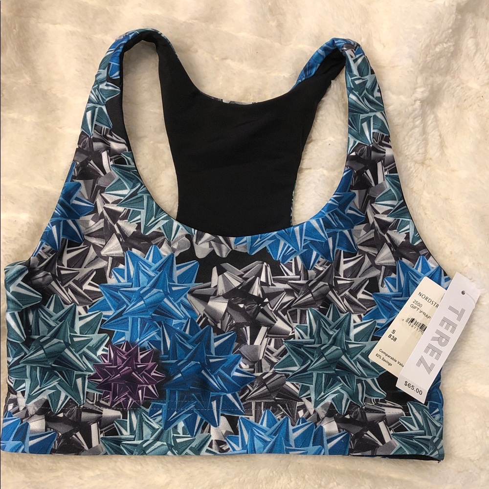 Terez Blue & Teal Gift-Bow Print Racerback Sports Bra